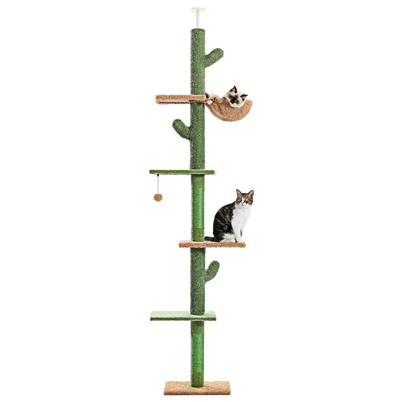 Tucker Murphy Pet Cat Tree Cactus Floor To Ceiling Cat Tower With Adjustable Height 5 Level Cat Climbing Tower With Cozy Hammock Platforms And Dangling Balls For Indoor Cats Wayfair